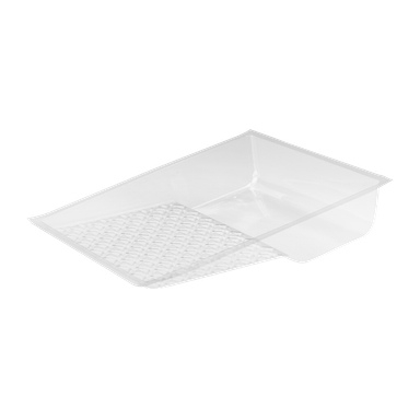 Et gjennomsiktig plastbrett med en skrå form og et ribbet område i bunnen for å fordele malingen jevnt på en rulle.
