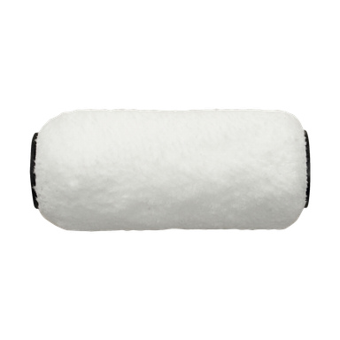 Et nærbilde av Jordan Mini-roller Ultimate viser en fluffy hvit sylindrisk malingsrullepåfyll med svarte plastender plassert horisontalt. Denne refillen er ment for bruk med en kompatibel malerulleramme.