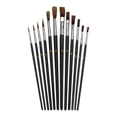 En Hard Head Brush-sett med 12-pakke med tolv malerpensler med svarte håndtak og metallferruler arrangert i en vifteform, hver merket med et gullnummer fra 1 til 12.