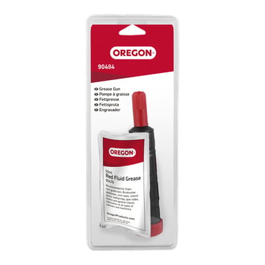 Ett förpackat Oregon fettpistolkit, modell 90484, inkluderar en 50 ml tub med rött fett och en svart och röd fettpistol. Förpackningen visar produktnamnet "Grease guns", listar kompatibla användningsområden och har Oregon-logotypen högst upp.