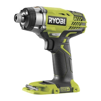 Ein grün-schwarzer Ryobi One+ Percussion-Bohrschrauber R18ID3-0 mit Metallbohrer und dem Ryobi-Logo auf der Seite. Die Bohrmaschine hat einen strukturierten Griff, sichtbare Luftauslässe und die Basis ist leer, ohne angeschlossene Batterie.