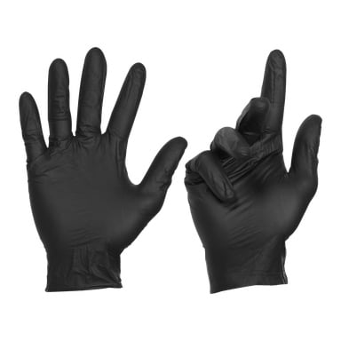 Zwei Hände mit Bluewear Nitrile-Handschuhen (100er-Packung). Eine Hand ist offen mit gespreizten Fingern, während die andere leicht gebogene Finger hat, als würde man etwas halten oder kneifen.