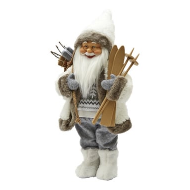 EKVIPs "Tomte med skidor"-figuren visar jultomten i vinterkläder, hållande träskidor och skidstavar i ena handen och bärande en säck med presenter över axeln. Han bär glasögon, ett flödande vitt skägg och ett glatt uttryck i ansiktet.