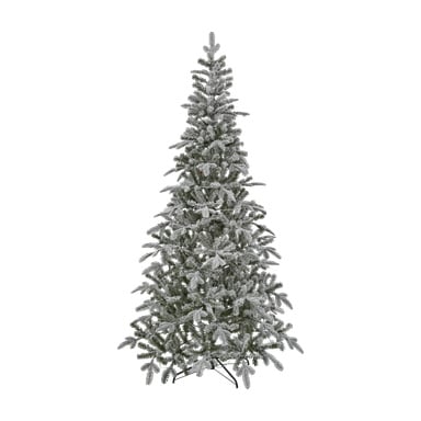 En EKVIP Lifelike julgran med konstsnö och inbyggda LED-lampor står på ett svart metallstativ. Trädet har en full, konisk form och är odekorerat.