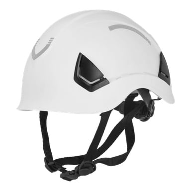 En Bluewear Pro Workwear vit säkerhetshjälm med svarta justerbara remmar och svarta sidofästen.