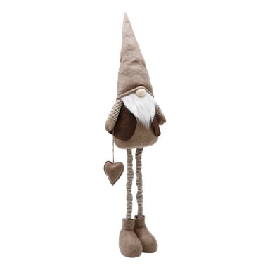 Der EKVIP Santa mit verstellbaren Beinen ist eine Plüschpuppe mit einem hohen, spitzen Hut, einem flauschigen weißen Bart und einer runden Nase. Die Puppe trägt gestreifte Ärmel und hält an der Seite ein gesticktes Herz, das lange gestreifte Beine und übergroße braune Schuhe zeigt.