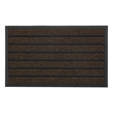 EKVIP Doormat har en rektangulär form med ett upprepat mönster av horisontella ränder, som växlar mellan texturerade bruna fibrer och smala svarta linjer. En solid svart kant ramar in hela mattan.