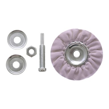 Fünf Metallteile und eine Baumwollpolierplatte mit zentralem Loch, alle von Meec Tools, sind ordentlich angeordnet. Das Set enthält Unterlegscheiben, eine Schraube und eine Sechskantmutter.