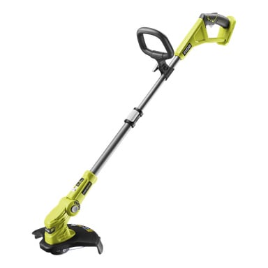 Der batteriebetriebene Rasentrimmer OLT1832A Ryobi One+ wird mit silbernem Schaft, verstellbarem Griff und Schneidkopf gezeigt, der als ideal für die Pflege von Rasen und Gärten im Freien beschrieben wird.