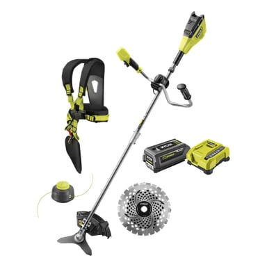 Ryobi Max Power RY36BCX30A-150C är en sladdlös, grön och svart borstskärare med rak axel och öglahandtag. Setet innehåller sele, batteri, laddare, spole och metallblad.