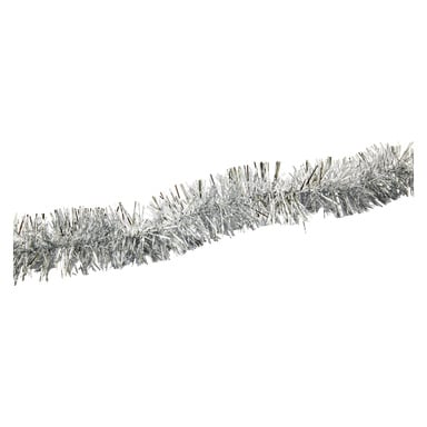 En närbild av EKVIP-girlanden, en silverglitterdekoration arrangerad i en mjuk våg. Dess blanka trådar fångar och reflekterar ljus vackert.