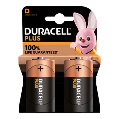 Ett 2-pack Duracell Plus D-batterier, med svarta och kopparfärgade batterier i förpackningen som visar Duracell-kaninmaskoten och påstår att full batteritid är garanterad.