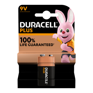 Ett förpackat Duracell 9V Plus-batteri (enkelpack) med Duracell-logotypen, kaninmaskoten och texten "100% LIVSGARANTI*" på framsidan.