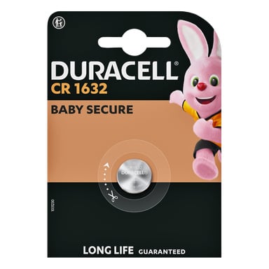 Duracell CR1632 batteripack med en rosa kaninmaskot, "Baby Secure"-etikett, långlivade krav och batteriet i en genomskinlig blåsa.
