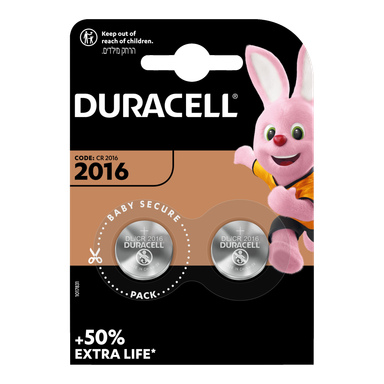 Ett paket med två Duracell CR2016-batterier med knappceller i svart och orange förpackning, med en rosa kaninmaskot på höger sida och frasen "+50% Extra Life" nere i vänstra hörnet.
