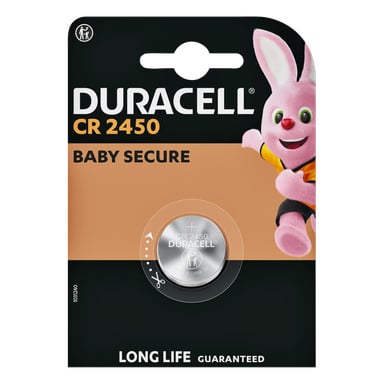 Duracell CR2450-batteripack märkt Baby Secure, med en rosa kaninmaskot till höger och "LONG LIFE GUARANTEED" längst ner.