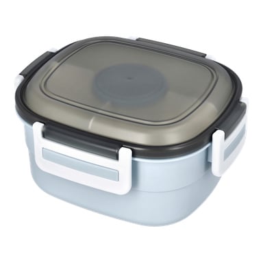 En Menuett Lunchbox kommer med interna avdelare och en ispåse. Den har en ljusblå bas, ett mörkgrått lock och fyra vita klämmor som säkert fäster locket för säker förvaring och portabilitet.