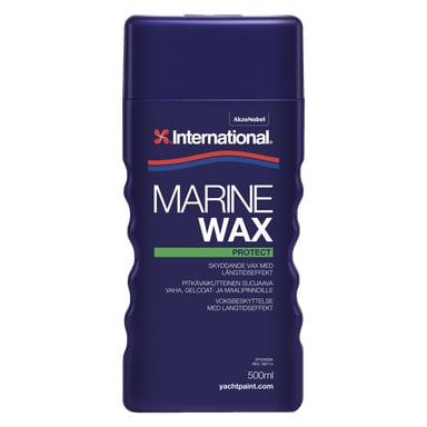 En mørkeblå 500 ml flaske merket International Wax Marine Wax viser merkelogoen øverst sammen med tekst, og er designet for å beskytte marine overflater.