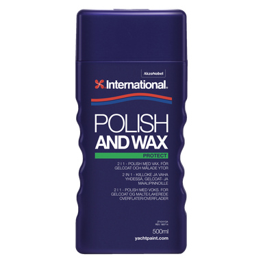 En mørkeblå 500ml Wax Polwax-flaske fra International, med hvit og grønn merking om dens egnethet for gelcoat og malte overflater, fremhevet av en bølgete mønstret kant.