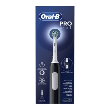 Oral B Electric Toothbrush Pro 1 förpackning visar borsten och lyfter fram funktioner som 3D-rengöringsteknik, en trycksensor för tandköttet och en professionell timer. Den blå lådan har produktbilden tydligt synlig i mitten.