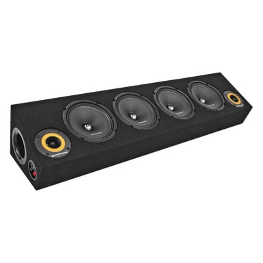 Phoenix Gold SPL-boksen ZP65BOX er et svart, rektangulært kabinett med fire store høyttalere, to mindre gulringede høyttalere og porter på den ene siden.