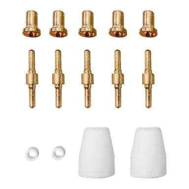 Ett set med fjorton Meec Tools plasmaskärarmunstycken visas i tre rader, med åtta mässingskopplingar, två vita cylindriska kapslar och två vita ringar formade som brickor.