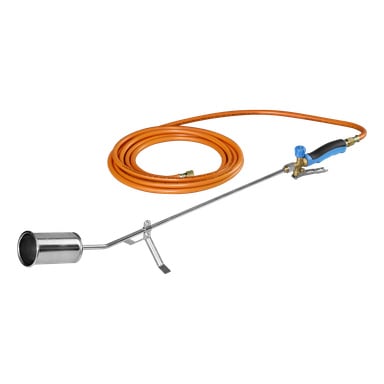 CFH LPG blåserør ST 1000 har en lang metalldyse, et blått og svart håndtak, og en integrert ventil, med en oransje slange rullet bak.