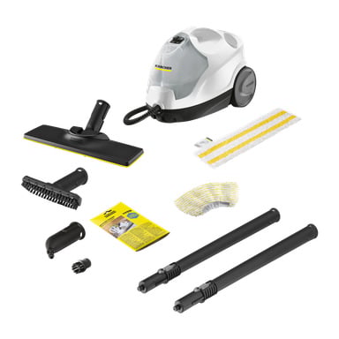 Kärcher Steam Cleaner SC 4 EasyFix 9-delade set visas, inklusive ångrengörare, slang, två förlängningsrör, golvmunstuk, borste, munstycke, mikrofiberduk, gulrandig pad och en instruktionsmanual.