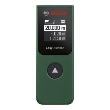 Boschin etäisyysmittari EasyDistance 20 näyttää näytössään 20 000 m, 7 020 m ja 0 140 m. Se on vihreä ja siinä on iso harmaa nuolipainike.