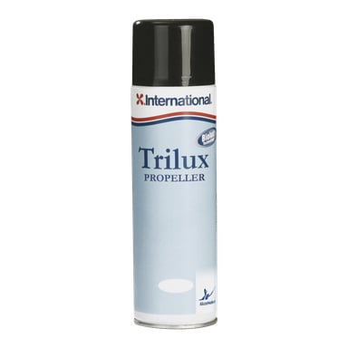En boks med International Propeller-maling med svart lokk og blå-hvit etikett, som viste Biolux-teknologien og AkzoNobel-logoene.