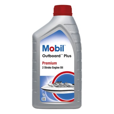 En 1-liters grå flaska Mobil Outboard Plus 2-taktsolja med röd lock, som visar en etikett med Mobils logotyp i röd och blå text samt en bild av en svartvit båt på vatten.