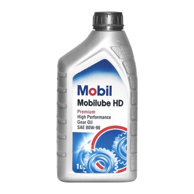 En 1-liters Mobilube HD växellådsoljeflaska från Mobil med svart skruvlock och en etikett med blå och röd växelgrafik.