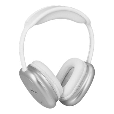 Bright Wireless over-ear-hörlurar med silverfinish, framhävda av vita vadderade öronkuddor och ett vadderat huvudband, som stod upprätt och tydligt visade båda öronkåporna.