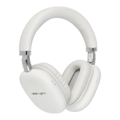 Trådlösa over-ear-hörlurar från Bright i vitt, markerade med silverdetaljer, dämpade öronkåpor, justerbart hårband och "Bright"-logotypen på ena sidan.