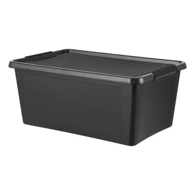 En svart plastlåda för Hard Head Storage med spårigt lock, rektangulär till formen med släta sidor.
