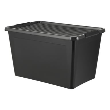 Hard Head Storage-lådan är en stor svart plastbehållare med ett räfflat lock som matchar basen. Den har handtag på båda sidor för enkel lyftning och ser ny och tom ut.