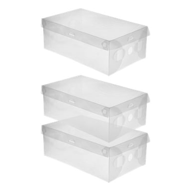 Trzy pudełka Hard Head Storage po 3 zestawy są ułożone jedna na drugiej. Przezroczyste pudełka mają zaokrąglone rogi i małe okrągłe wycięcia z przodu i boków.
