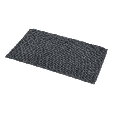 En rektangulär EKVIP badrumsmatta gjord av mörkgrå chenille med en knölig, texturerad yta och prydligt sydda kanter.