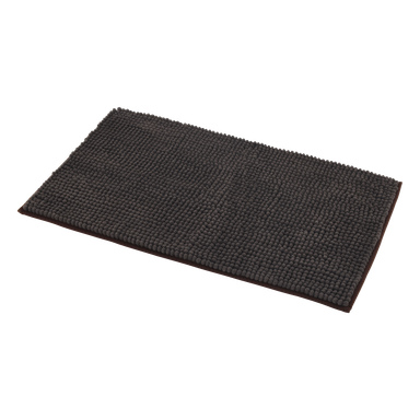 EKVIP badrumsmatta är rektangulär och tillverkad av mörkbrun chenille med en texturerad, knubbig yta. Den har prydligt avslutade kanter och ser mjuk och mycket absorberande ut.