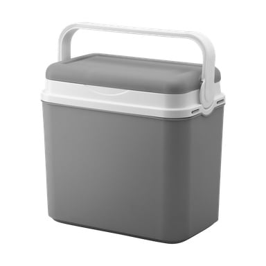 Näyttelyssä on suorakaiteen muotoinen Kayoba Cooler -laatikko, jossa on harmaa runko ja yhteensopiva valkoinen kahva ja kansi. Pystysuora kahva ja suljettu kansi korostavat sen suoraviivaista ja käytännöllistä muotoilua.