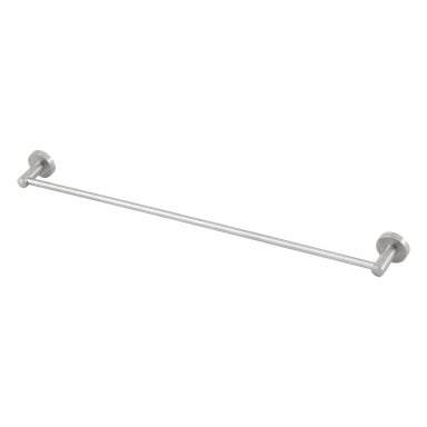 EKVIP Handduksräcket är en slank, rak silvermetallstång med runda fästen i varje ände för att fästas på väggen. Designad för badrum erbjuder den en bekväm plats att hänga handdukar på.