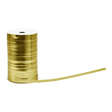 En stor spole märkt EKVIP Giftband i glänsande metallguld, med en bit band som sträcker sig utåt. Spolen har vita ändar och bandet är tätt lindat runt den.
