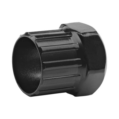 Kayoba Freewheel-borttagaren är ett svart, cylindriskt metallverktyg med yttre åsar och en hexagonal ände.