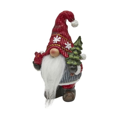 En EKVIP-tomtefigur utformad som en tomte, bärande en röd hatt dekorerad med vita snöflingor, håller i en grön tall och en röd säck, med ett framträdande långt vitt skägg och rund näsa.