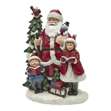 EKVIP Santa-familien inkluderer julenissen, en snømann, to barn som synger julesanger (en med en bok), et juletre, flere gaver og en slede plassert på snødekt underlag.