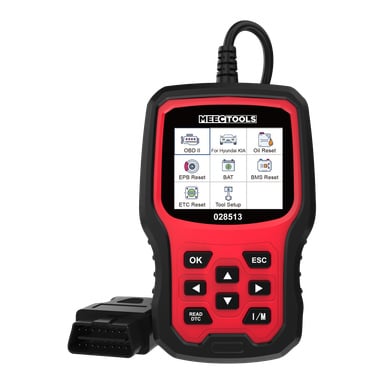 En Meec Tools felkodläsare för Hyundai/KIA OBD-II, designad med svart och röd kaross, färgdisplay, navigationsknappar och en ansluten OBD-II-kontaktkabel. Skärmen visar ikoner relaterade till bildiagnostik.