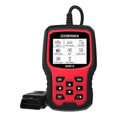 En portabel felkodläsare designad för Toyota OBD-II-fordon, utrustad med en display som visar menyval, tydligt markerade knappar och en ansluten OBD-II-kabel. Framsidan av enheten visar Meec Tools och modellen 028512.