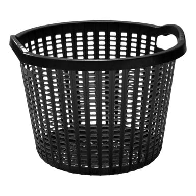 En rund svart Hard Head Leaf-korg gjord av plast, designad med ett mönster av korsande vertikala och horisontella ribbor, en rymlig öppen topp och två integrerade handtag på vardera sidan.