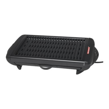 Menuett Table Grill KYS-868A to elektryczny grill wewnętrzny z prostokątnym miejscem do gotowania, dwoma bocznymi uchwytami i podłączonym kablem zasilającym. Grill ma praktyczny design, podkreślony czerwonym logo Menuett w prawym górnym rogu.