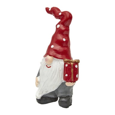 EKVIPs figur "Tomten med paketet" visar en tomte med långt vitt skägg, en röd hatt täckt av vita prickar, grå kläder och svarta skor. Gnomen håller i en röd presentask dekorerad med vita prickar och avslutad med ett gyllene band.